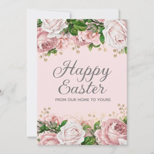 Blush Roze Goud Bloemen Gelukkig Pasen Feestdagenkaart (Voorkant)