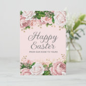 Blush Roze Goud Bloemen Gelukkig Pasen Feestdagenkaart (Staand voorkant)