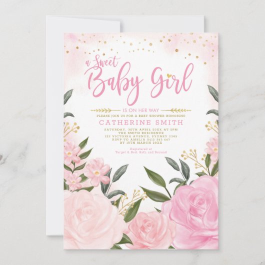 Blush Roze Goud Bloemen Greenery Meisje Baby showe Kaart (Voorkant)