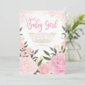 Blush Roze Goud Bloemen Greenery Meisje Baby showe Kaart (Staand voorkant)