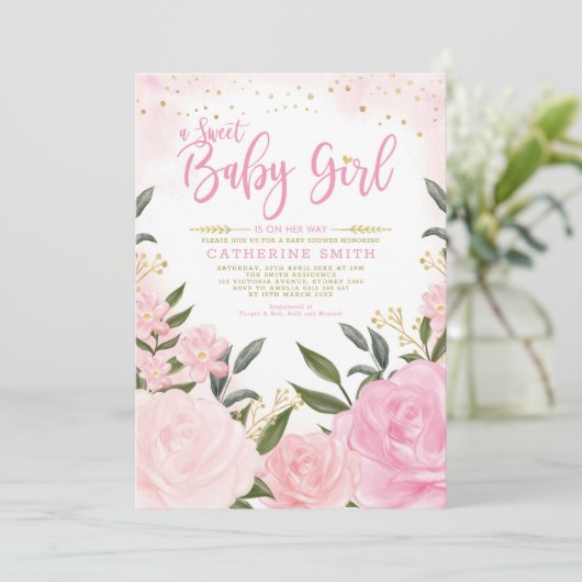 Blush Roze Goud Bloemen Greenery Meisje Baby showe Kaart (Staand voorkant)