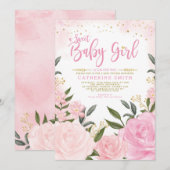Blush Roze Goud Bloemen Greenery Meisje Baby showe Kaart (Voorkant / Achterkant)