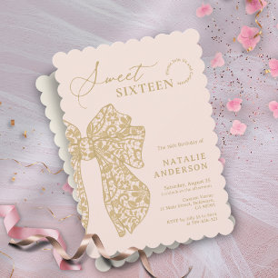 Blush Roze & Goud Bloemen Kant Bow Sweet Sixteen Kaart
