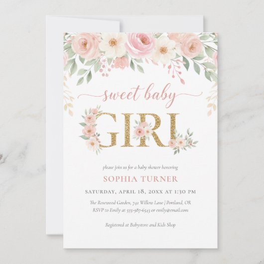 Blush Roze Goud Bloemen Meisje Baby shower Kaart (Voorkant)