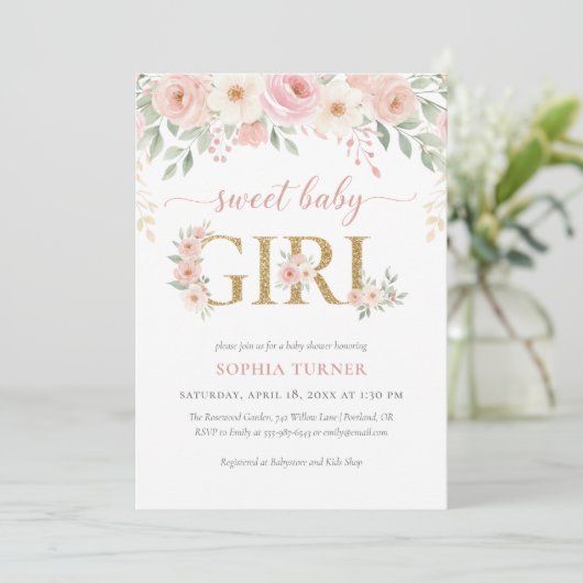 Blush Roze Goud Bloemen Meisje Baby shower Kaart (Staand voorkant)