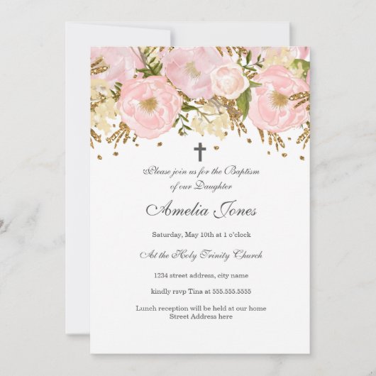  Blush Roze Goud Bloemen Meisje Doop Kaart (Voorkant)