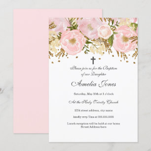 Blush Roze Goud Bloemen Meisje Doop Kaart