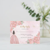 Blush Roze Goud Bloemen Prinses Quinceañera RSVP Briefkaart (Staand voorkant)
