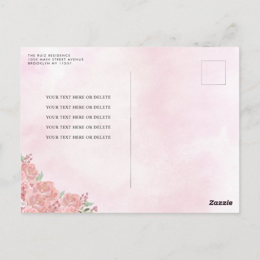 Blush Roze Goud Bloemen Prinses Quinceañera RSVP Briefkaart (Achterkant)
