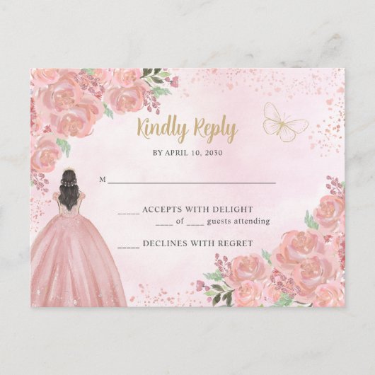 Blush Roze Goud Bloemen Prinses Quinceañera RSVP Briefkaart (Voorkant)