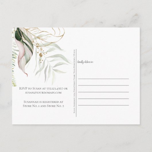 Blush Roze Goud Bloemen Tropisch Vrijgezellenfeest Briefkaart (Achterkant)