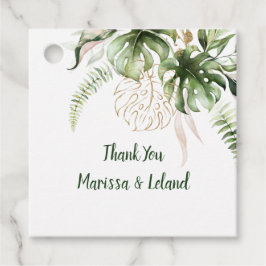 Blush Roze Goud Bloemen Tropische Monstera Bruilof Bedankjes Labels