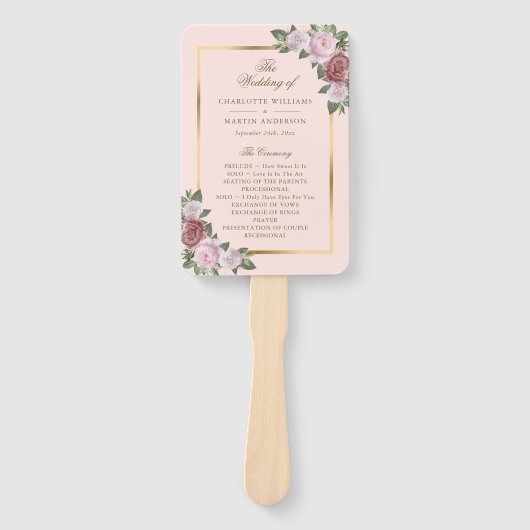 Blush Roze Goud Bloemen Trouwprogramma Fans Handwaaier (Voorkant)