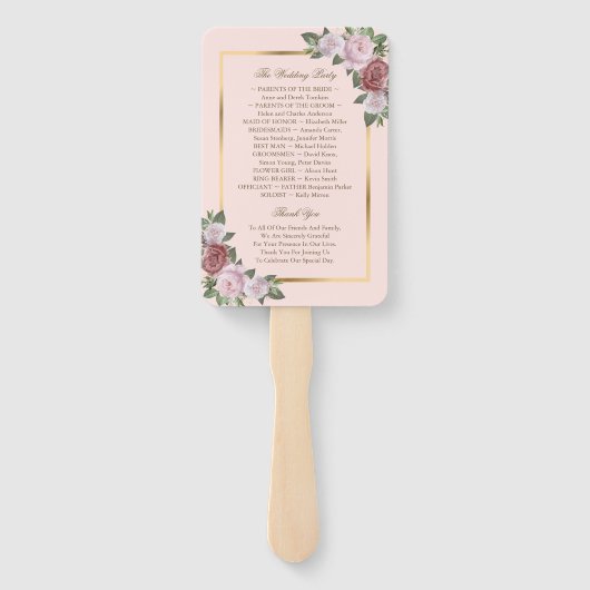 Blush Roze Goud Bloemen Trouwprogramma Fans Handwaaier (Achterkant)
