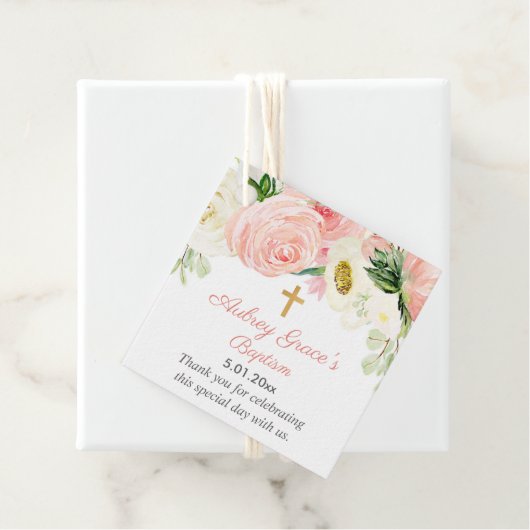 Blush roze goud bloemendoop eerste communie bedankjes labels (In situ)