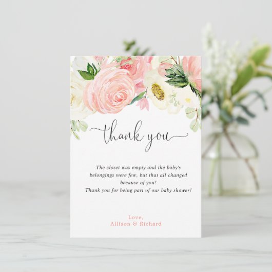 Blush roze goud bloemengroen waterverf elegant bedankkaart (Staand voorkant)