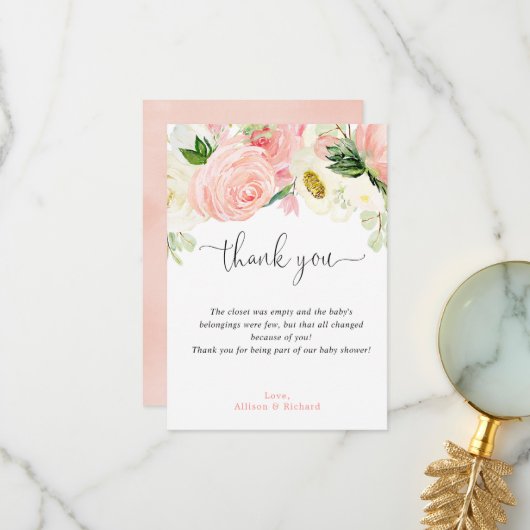 Blush roze goud bloemengroen waterverf elegant bedankkaart (Voorkant / Achterkant in situ)