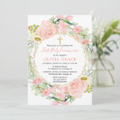 Blush roze goud bloemenmeisje Eerste Heilige Commu Kaart (Staand voorkant)