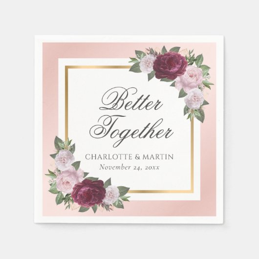 Blush Roze Goud Bourgondië Bloemen Bruiloft Servet (Voorkant)