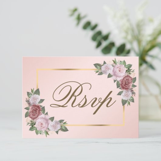Blush Roze Goud Bruiloft RSVP Kaart Maaltijd Keuze (Staand voorkant)