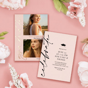 Blush Roze Goud Calligrafie 2 Foto's Afstuderen Folie Uitnodiging
