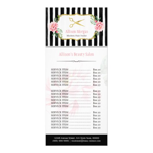 Blush Roze Goud Chic Hair Salon Bloemen Prijslijst Reclamekaart (Voorkant)