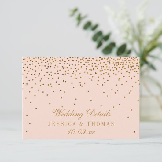Blush Roze & Goud Confetti bruiloft Detail invoege Informatiekaartje (Staand voorkant)