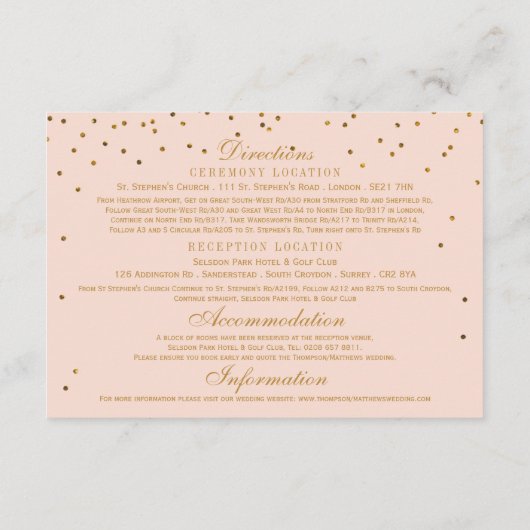 Blush Roze & Goud Confetti bruiloft Detail invoege Informatiekaartje (Achterkant)