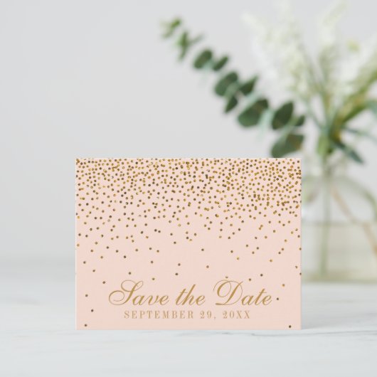 Blush Roze & Goud Confetti Bruiloft Save The Date Aankondigingskaart (Staand voorkant)