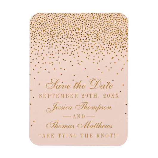 Blush Roze & Goud Confetti Bruiloft Save The Date Magneet (Verticaal)