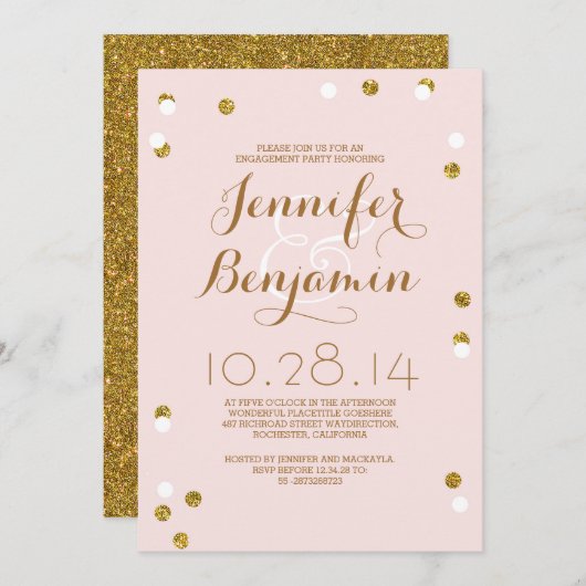 Blush roze & goud confetti moderne verlovingsfeest kaart (Voorkant / Achterkant)