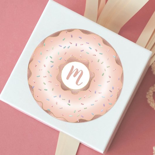 Blush roze goud donut sprinkles monogram glam ronde sticker
