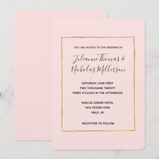 Blush Roze Goud Eenvoudig Chique Bruiloft Uitnodig Kaart (Voorkant / Achterkant)
