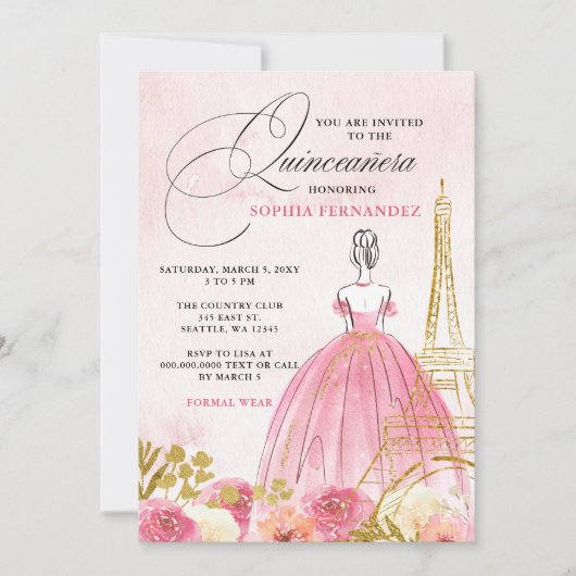 Blush roze goud Eiffeltoren Paris Quinceañera Kaart (Voorkant)