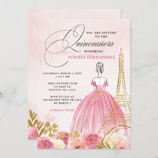 Blush roze goud Eiffeltoren Paris Quinceañera Kaart (Voorkant / Achterkant)