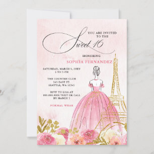 Blush Roze Goud Eiffeltoren Paris Sweet 16 Kaart