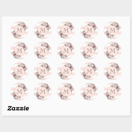 Blush Roze Goud Gestreept Floral Monogram Ronde Sticker (Vel)