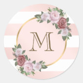 Blush Roze Goud Gestreept Floral Monogram Ronde Sticker (Voorkant)
