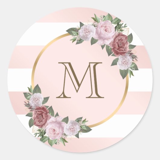 Blush Roze Goud Gestreept Floral Monogram Ronde Sticker (Voorkant)