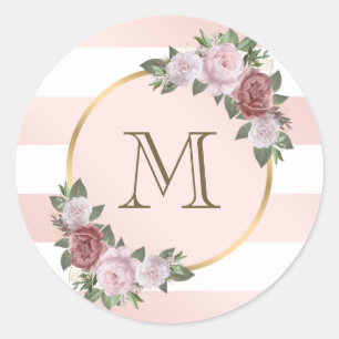 Blush Roze Goud Gestreept Floral Monogram Ronde Sticker