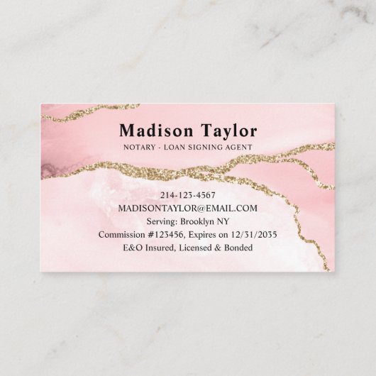 Blush roze goud glitter marmer agaat notaris visitekaartje (Achterkant)
