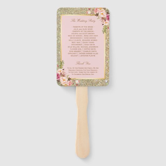 Blush Roze Goud Glitters Bloemen Bruiloft Programm Handwaaier (Achterkant)
