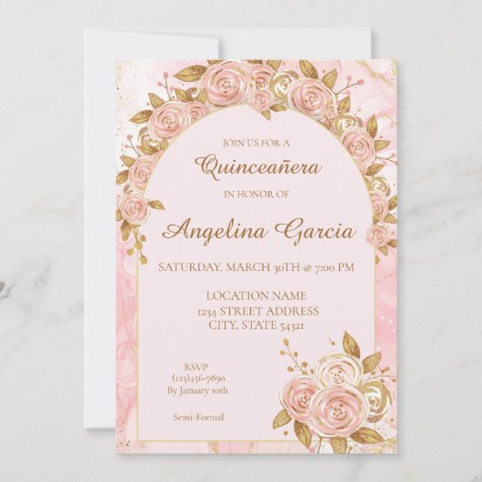 Blush roze goud grillige Quinceanera uitnodiging (Voorkant)