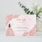 Blush Roze Goud Koper Bloemen Prinses Quinceañera RSVP Kaartje (Staand voorkant)