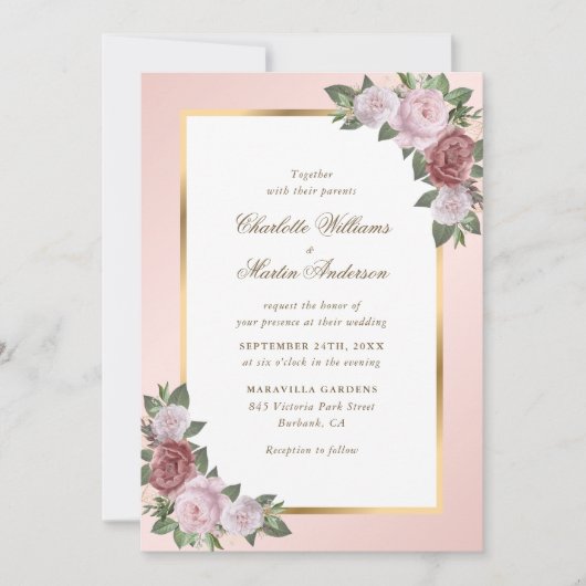 Blush Roze Goud Lijst Bloemen Huwelijk Kaart (Voorkant)