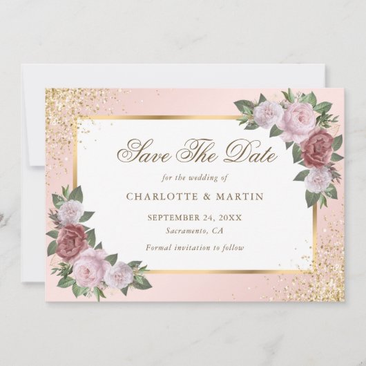 Blush Roze Goud Lijst Bloemen Huwelijk Save The Date (Voorkant)