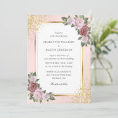 Blush Roze Goud Lijst Confetti Bloemen Huwelijk Kaart (Staand voorkant)