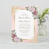 Blush Roze Goud Lijst Confetti Bloemen Huwelijk Kaart (Staand voorkant)
