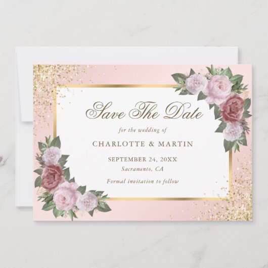 Blush Roze Goud Lijst Confetti Bloemen Huwelijk Save The Date (Voorkant)