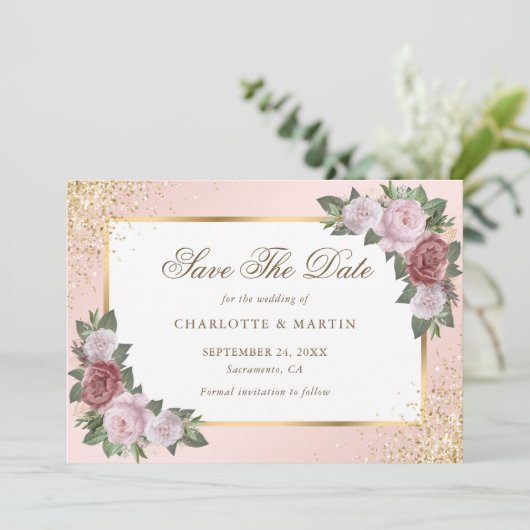 Blush Roze Goud Lijst Confetti Bloemen Huwelijk Save The Date (Staand voorkant)